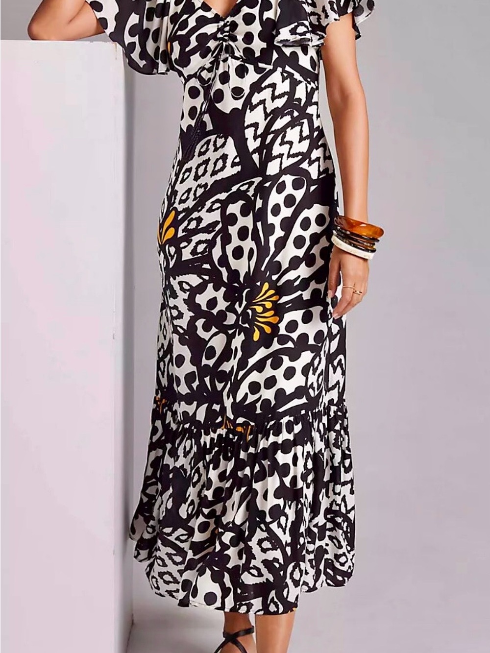FARM Rio Black White & Yellow Graphic Floral Maxi Dress